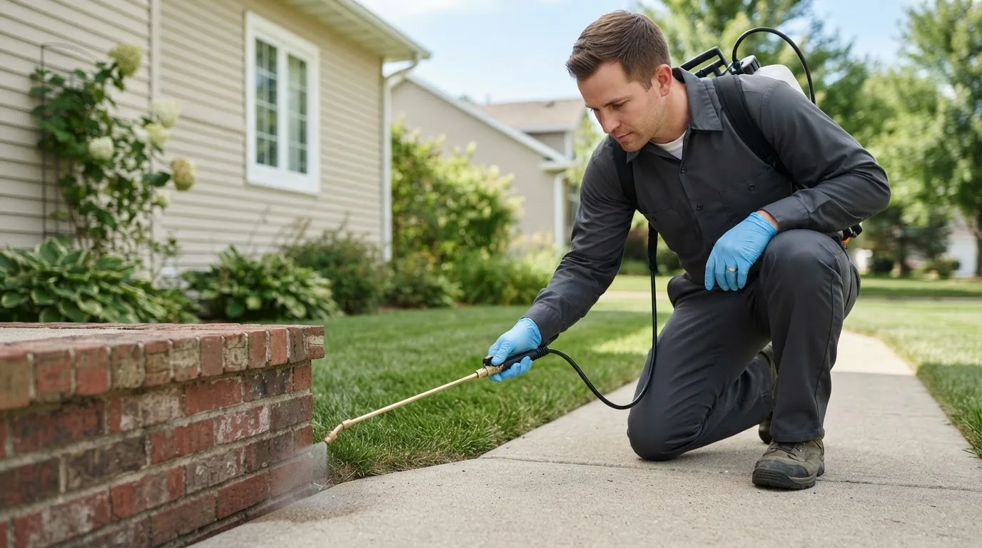 Pest control technician treating a home near Holly Grove, AR